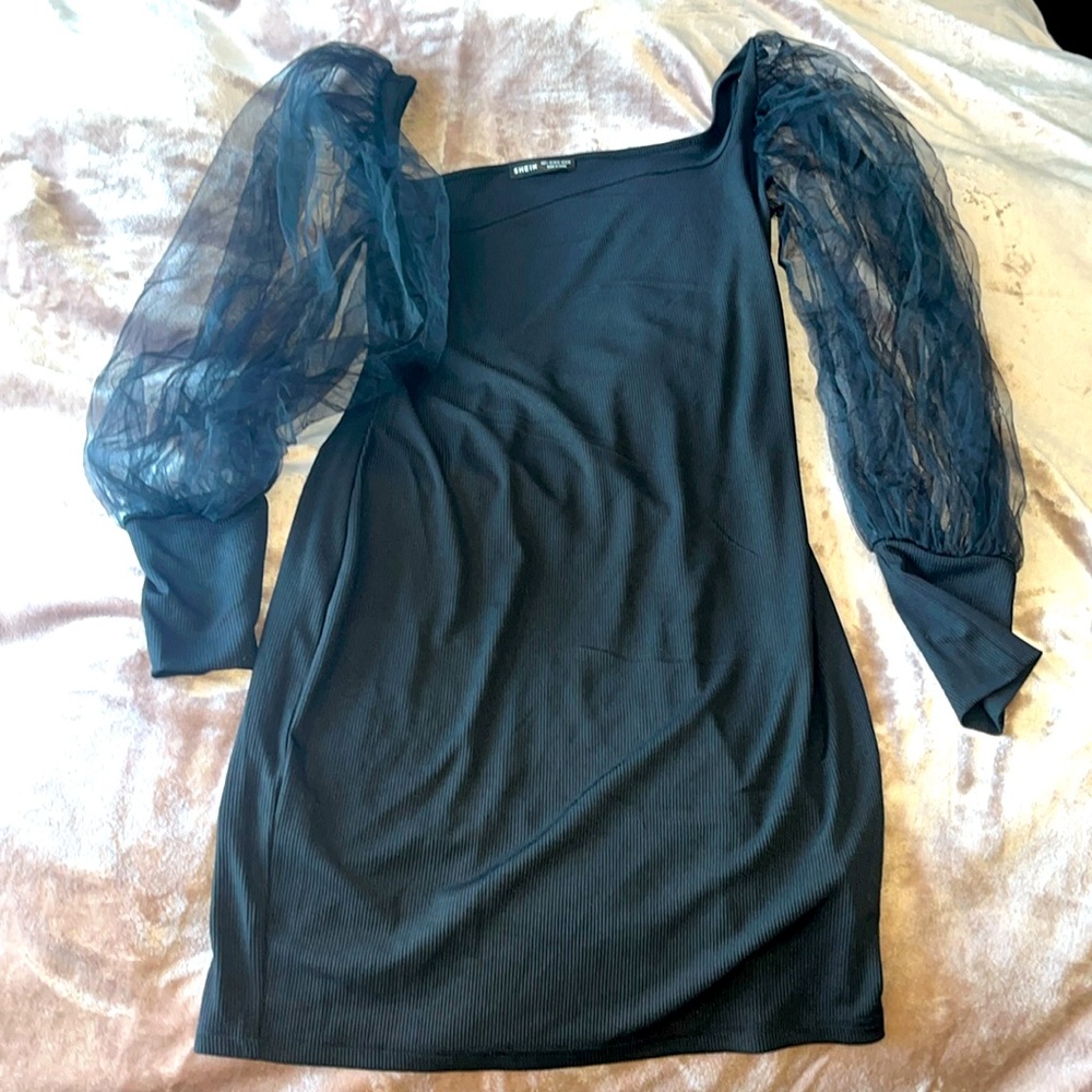 SHEIN Black Long Sleeve Sheer Bishop Sleeve Dress Size L